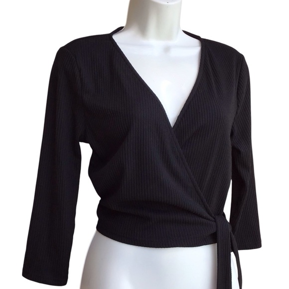 Lulus En Cloche Black Ribbed Wrap Top - Picture 4 of 8